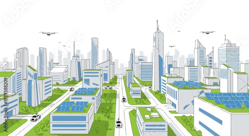 Modern eco-friendly cityscape with solar panels and drones flying overhead