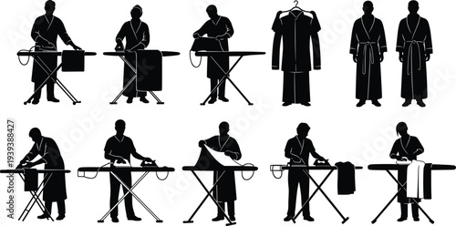 Black-and-white silhouette illustration of people ironing clothes at boards, folding garments, and displaying finished laundry, symbolizing household chores, garment care, and domestic artwork pr