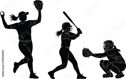 Vector illustration of stylized softball players pitching, batting, and catching symbolizing sport, teamwork, culture, and education