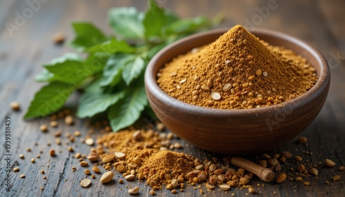 Natural Ground Spice Powder in a Wooden Bowl Surrounded by Fresh Herbs on a Rustic Table