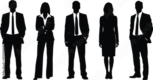 Business people silhouette set with men and women in formal suits standing confidently, professional team concept, corporate workforce, leadership, office staff, isolated vector illustration
