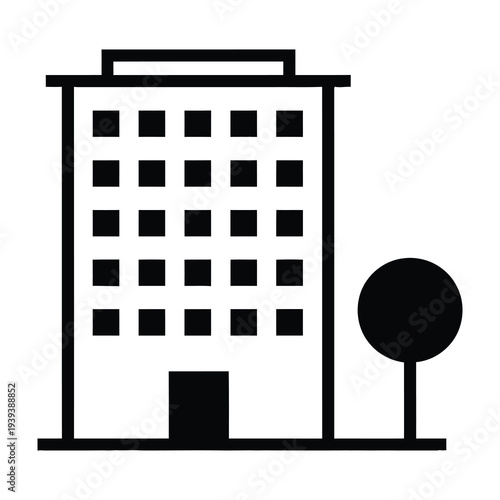 Modern office building with minimalist design and tree in urban environment