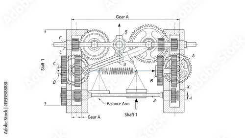Technical Drawing of Mechanical Gear System.
