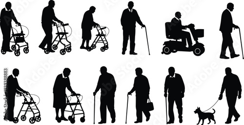 Elderly silhouettes with mobility aids, walking with canes, using walkers, motorized wheelchair, diverse senior figures, pet care, accessibility theme