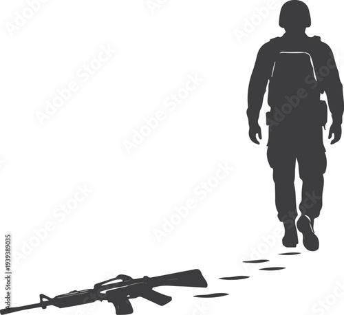 Soldier Walking Away Leaving Rifle Choosing Peace Over War Minimal Silhouette Vector