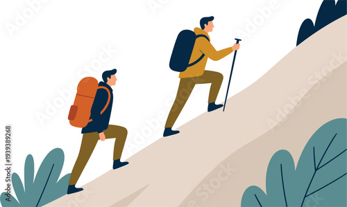 Cartoon illustration of two hikers climbing uphill with backpacks and trekking pole, surrounded by foliage and mountain peak, representing outdoor adventure, exploration, and travel artwork
