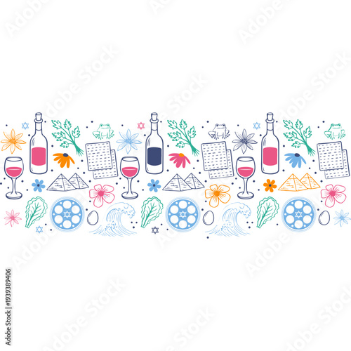 Passover holiday flat seamless pattern design in minimalist hand drawn style. Festive Passover Seder Plate Illustration with Floral Border and Jewish Holiday Symbols