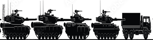 Black silhouettes of military tanks and a truck on white background