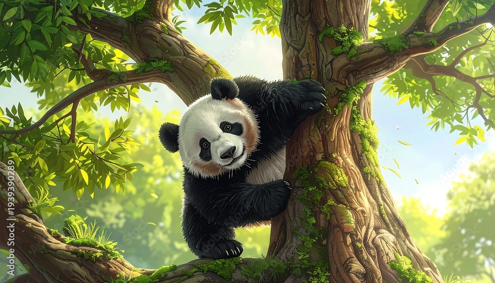 Obraz premium Whimsical panda climbs a tree, sunlight dappling through leaves. Illustration in soft hues