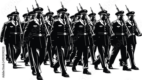 Marching soldiers in uniform with rifles uniforms black and white