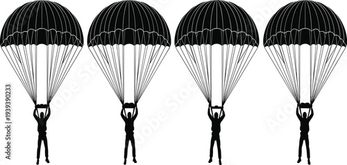 Four black silhouettes holding parachutes on white background