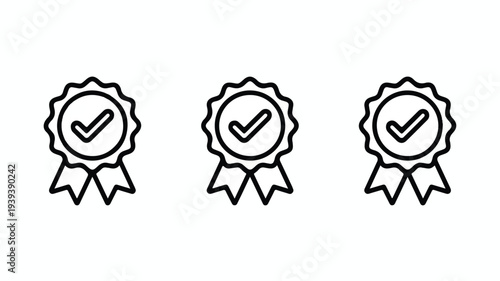 Three black and white badges with checkmarks indicating approval or quality