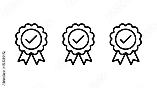 Three black and white rosette icons with checkmarks inside circles