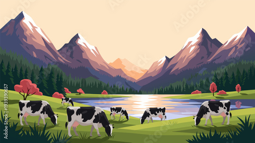 Vibrant vector illustration showcasing a tranquil pastoral landscape with grazing cows, a calm lake, and towering mountains at dawn