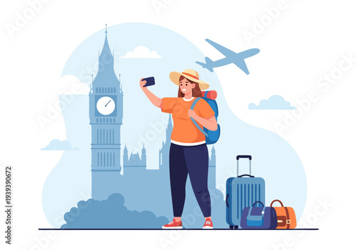 Smiling woman traveler capturing a selfie in London, Big Ben landmark in background, a vibrant vector illustration showcasing global tourism and adventure