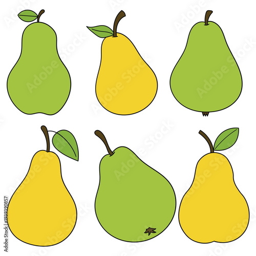 Hand-drawn cartoon set of pears on a white background.