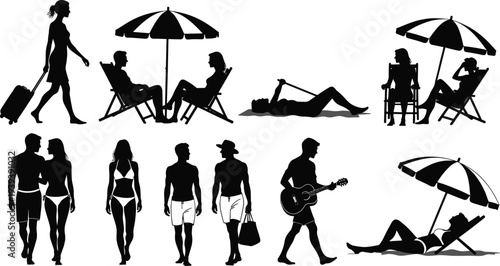 Collection of black silhouette illustrations depicting vacation and beach scenes with people relaxing, walking, playing guitar, and enjoying leisure activities under umbrellas