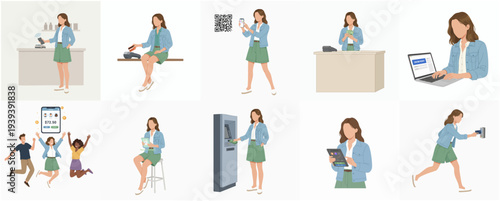 Diverse Character Illustration Set of Woman Performing Daily Tasks