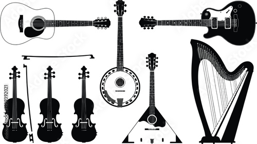 Collection of musical instruments silhouettes including acoustic guitar, electric guitar, violins, harp, banjo, balalaika and bow isolated on white background, classic music instrument set