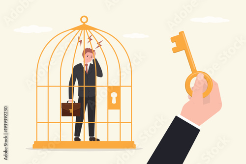 Corporate slavery, concept. Unhappy businessman standing in cage. Burnout, violence and bullying in office. Male employee working overtime, overload.