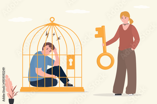 Authoritarian woman lock man in birdcage. Husband suffer from domestic violence and no rights. Toxic relationships, bullying, psychological problems