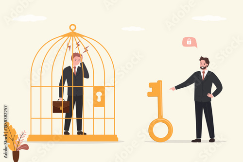 Corporate slavery, concept. Unhappy businessman sitting in cage. Burnout, violence and bullying in office. Male employee working overtime, overload. Boss holds key