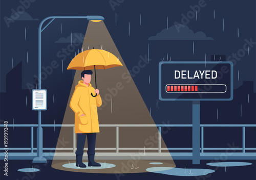Conceptual vector illustration depicting a man patiently waiting with an umbrella in the heavy rain, embodying the theme of a delayed journey or event, perfect for a professional graphic