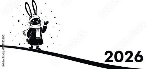 Black rabbit in winter clothes waving on snowy hill with 2026 scarf