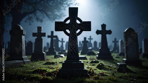 Ancient Celtic stone cross in a misty moonlit cemetery at night with silhouettes of headstones in the background
