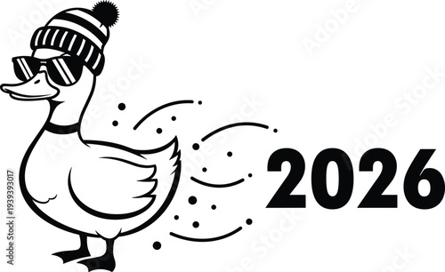 Cartoon duck wearing sunglasses and winter hat with 2026 text