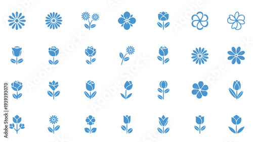 Collection of various black flower icons arranged in a grid pattern against a white background showcasing diverse floral designs and styles for graphic design and digital media use.