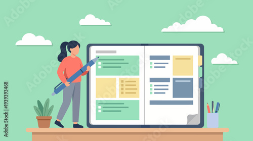 An illustration of a woman with a large planner portrays the importance of organization and planning, inspiring productivity and effective time management for busy individuals.