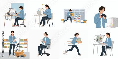 Flat Illustration of Man Running an Online Business and Packaging Products