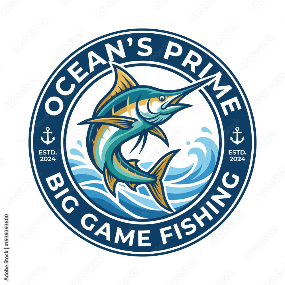 Ταπετσαρία The image presents the logo for Ocean's Prime Big Game Fishing, featuring a marlin leaping amidst waves, symbolizing adventure and excitement in sport fishing