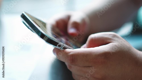   Screen mobile phone hands close up typing  gadget addicted man  holding sliding with fingers using smartphone internet addiction social media.