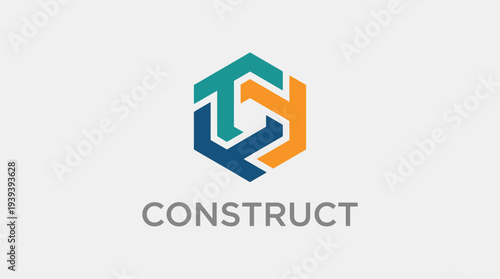 This image depicts a modern geometric logo design with interlocking shapes in blue, teal, orange, and gray, representing creativity, collaboration, and innovation for branding.