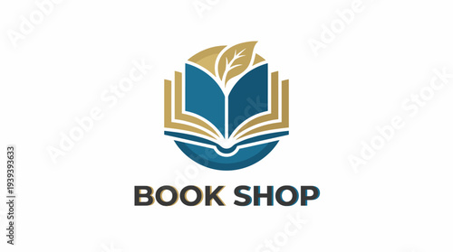 An artistic book shop logo featuring an open book design, beautifully integrated with a leaf element, symbolizing knowledge, growth, and a love for reading and literature.
