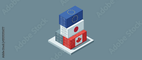 An artistic representation of stacked shipping containers with international flags, symbolizing global trade and commerce, highlighting international relations and logistics.