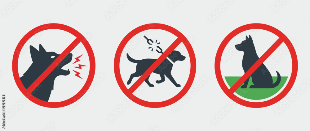Εκτύπωση καμβά A set of prohibition signs for dogs illustrating barking, leashing, and waste management, emphasizing the importance of responsible pet ownership in public spaces