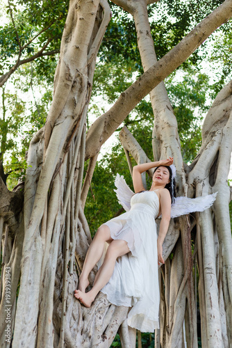 Fotografie Big Tree with an Oriental Beauty in Angel Costume