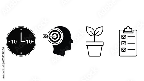 Black and white flat lay of four minimalist icons on a clean white background, conveying a sense of organization and planning.