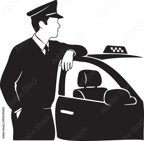 Taxi driver leaning on car silhouette on transparent background vector illustration