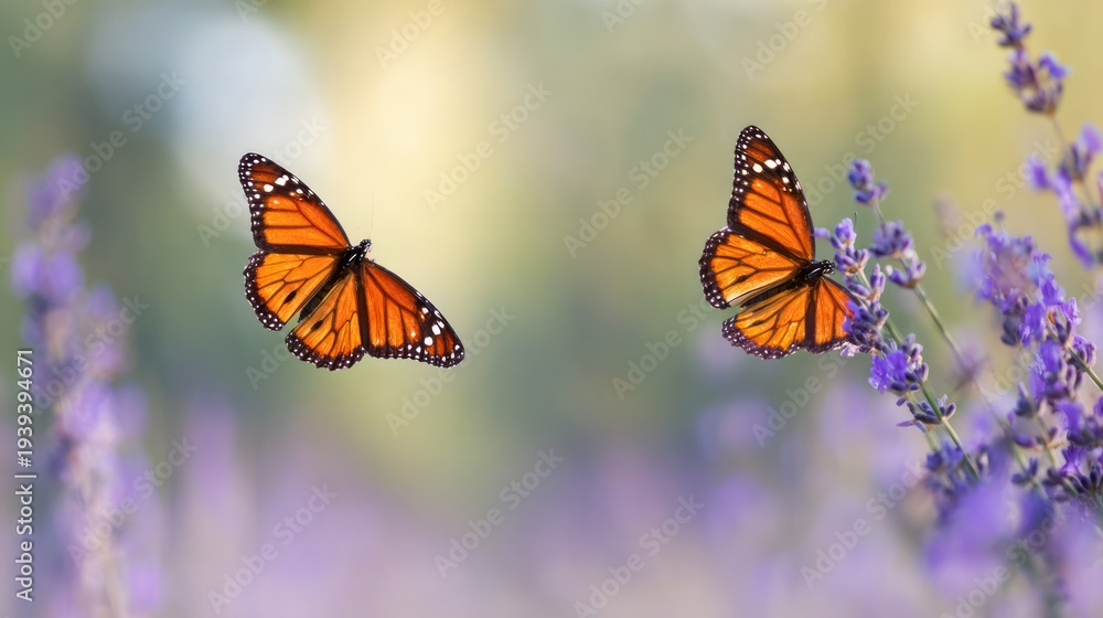 Obraz premium Two monarch butterflies flying in unison among purple lavender flowers, synchronized wings. wildlife magazines, conservation campaigns, designed for nature documentaries and education.