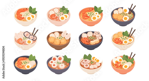 Set of seafood laksa noodle soup bowl vector illustrations, spicy curry noodles with prawn, egg, and fish cake, Southeast Asian Singaporean and Malaysian cuisine food icons isolated on white backgroun