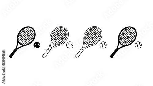 Black and white illustration of four tennis rackets and three tennis balls in a simple line drawing style against a plain white background.