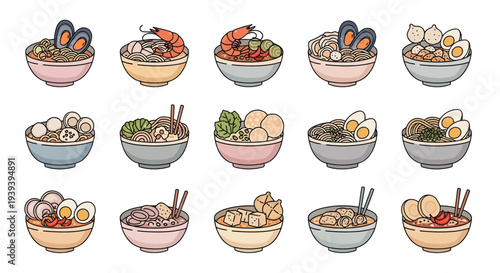 Vector set of seafood laksa noodle soup bowls with shrimp and mussels in flat line art style