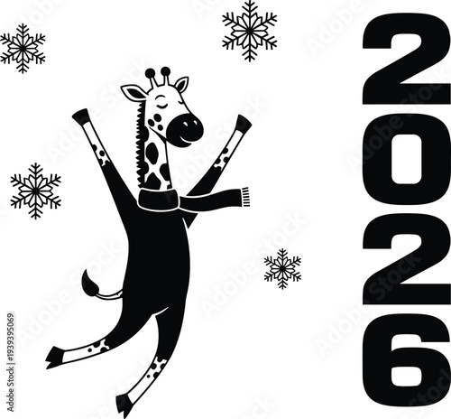Giraffe wearing pants dancing with snowflakes and year 2016