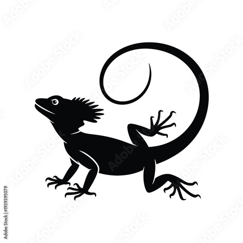 Black silhouette of an iguana with a curled tail side view