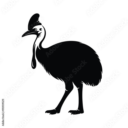 A striking black silhouette of a cassowary bird in profile view