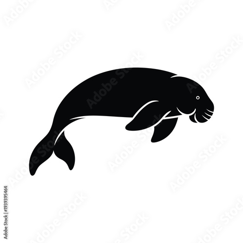 A minimalist black silhouette of a walrus swimming gracefully